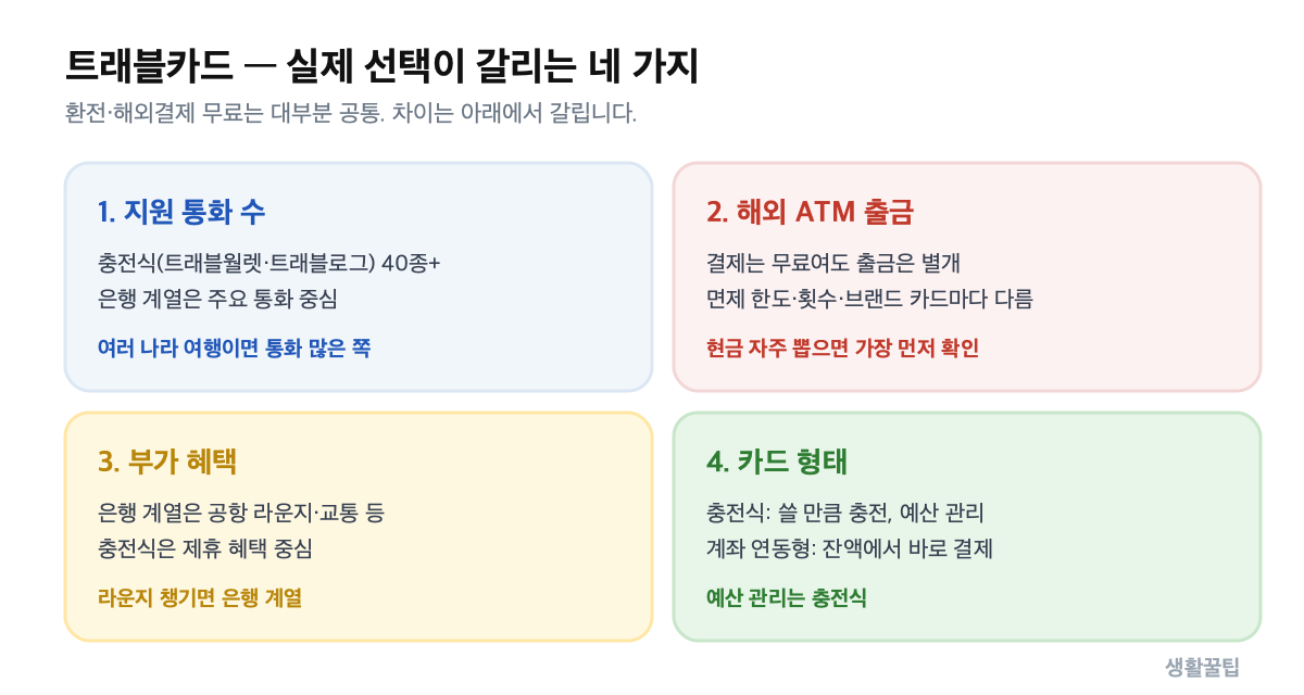 트래블카드 유형별 비교 — 통화 수·ATM·부가혜택·카드 형태